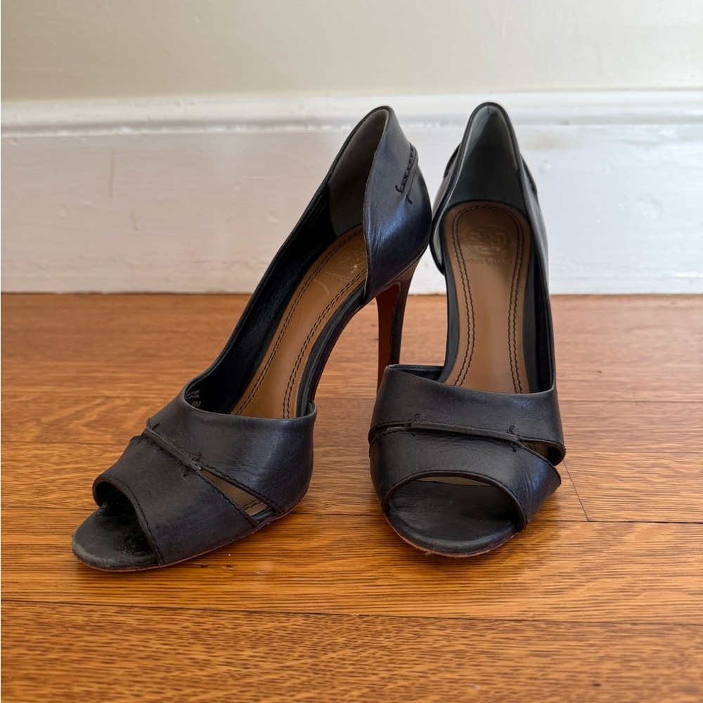 Tory Burch Black Leather Peep-Toe Stiletto Heels